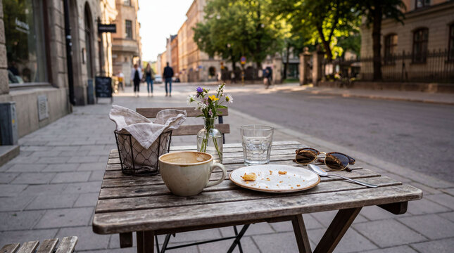Outdoor cafe table with coffee and flowers on city street