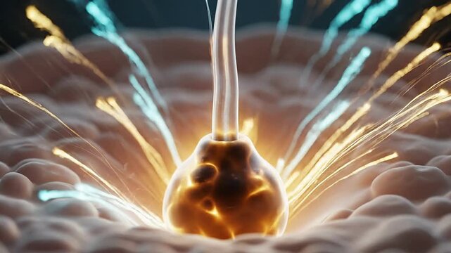 Close-Up View of a Glowing Particle Exploding in Dynamic Energy Cloud with Vibrant Light Streams for Visualizing Technology and Science Concepts