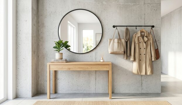 Modern minimalist entryway interior with round mirror on concrete wall wooden console table and clothes rack