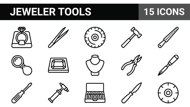 Jeweler tools icon set, 15 professional jewelry making equipment line icons, goldsmith workshop vector elements