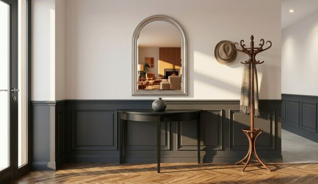 Elegant interior with arched wall mirror hanging above black wooden console table, dark paneling