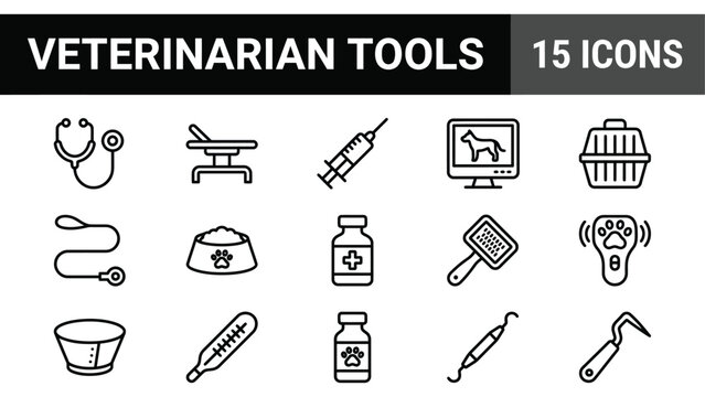 Veterinarian tools icon set, 15 black line vector icons for pet clinic, veterinary medicine and animal care equipment