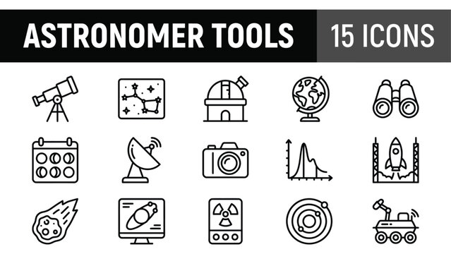 Astronomer tools icon set, 15 astronomy line icons, space exploration equipment symbols, science vector illustrations