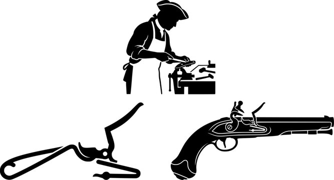 Colonial gunsmith blacksmith silhouette icon set, vintage flintlock pistol lock mechanism and historical craftsman artisan at workbench vector
