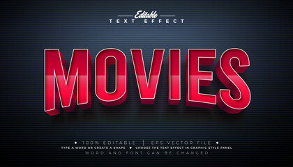Obraz premium Movies Editable Text Effect Graphic Style with Bold Red Cinematic Font on Black Background. Customizable Comic Vector Typography Lettering Illustration Template for Greeting Card, Banner, Flyer