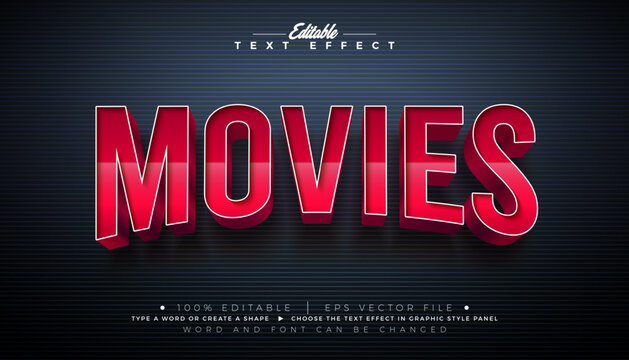 Movies Editable Text Effect Graphic Style with Bold Red Cinematic Font on Black Background. Customizable Comic Vector Typography Lettering Illustration Template for Greeting Card, Banner, Flyer