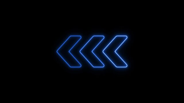 Arrow-shaped neon sign. Neon arrow symbol icon. Directional sign arrow points to the left, Abstract neon flashing light back arrow loading animation.