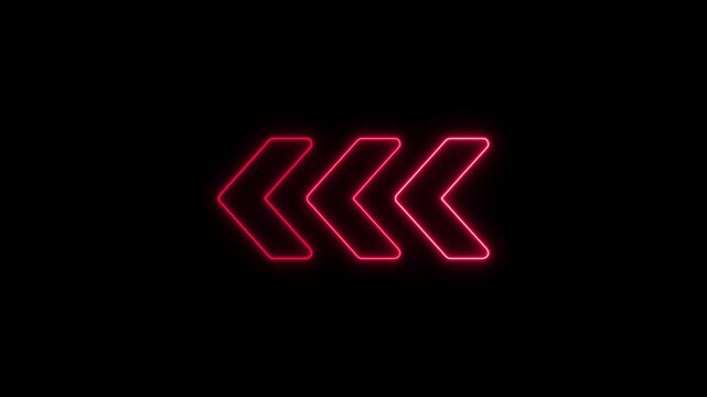 Arrow-shaped neon sign. Neon arrow symbol icon. Directional sign arrow points to the left, Abstract neon flashing light back arrow loading animation.