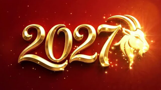 Golden 2027 numerals intertwined with goat head emblem on red background. Chinese zodiac year of the fire goat symbol. Festive new year celebration and cultural tradition design