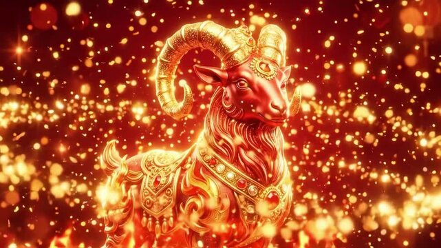 Ornate red fire goat statue standing on pedestal with golden ornaments and flames. Chinese zodiac symbol for year of the sheep