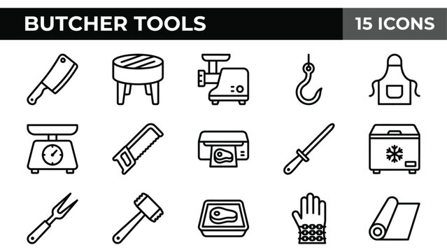 Butcher tools icon set, 15 professional meat processing line icons, butchery equipment and kitchenware vector symbols