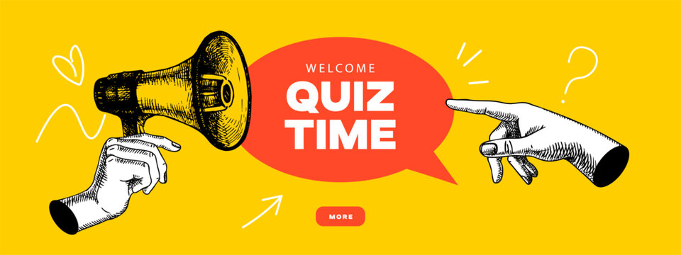Trendy sketch halftone collage quiz background. Two hands hold megaphone and bubble. Business solution, creative mind,  brainstorm, ask for reply concept. Hand drawn vector illustration