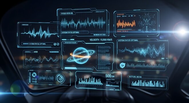 Futuristic digital space dashboard with data charts and planet holograms for science and technology interface