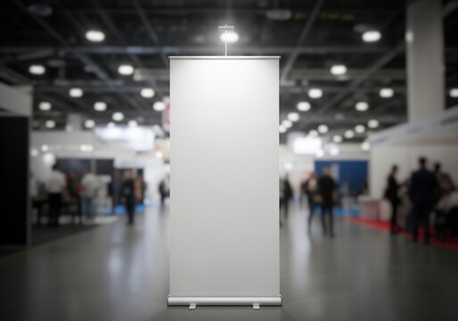Blank roll-up banner display in a busy exhibition hall with blurred people