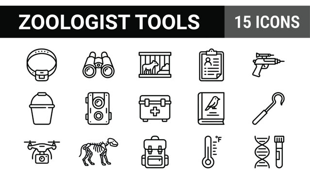 Zoologist tools line icons, 15 wildlife research vector elements, veterinary science and animal study equipment set