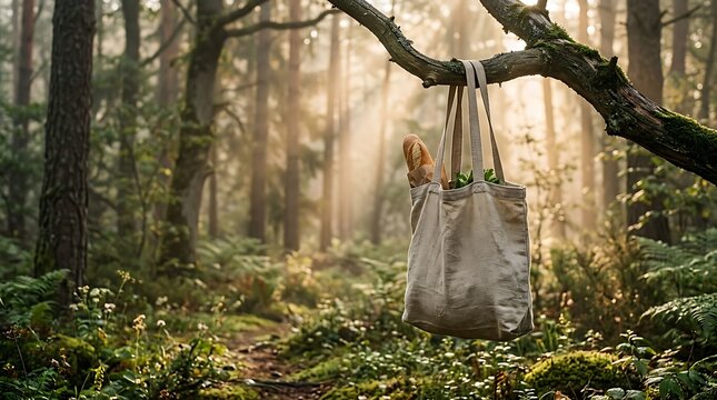 Canvas tote bag filled with fresh produce hanging from a tree branch in a sunlit, misty forest. Concept of green certification, ecological compliance, sustainable supply chain, resource validation, qu
