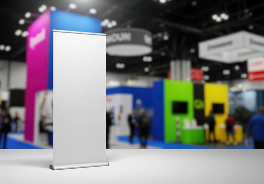 Blank vertical banner stand at a trade show exhibition with colorful booths in the background