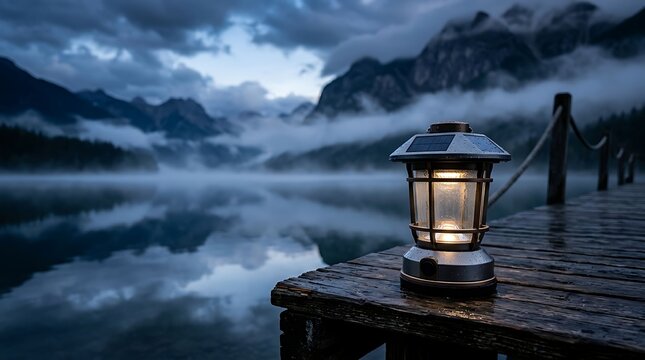 Illuminated portable lantern standing on a wooden deck by a foggy mountain lake under a dramatic twilight sky. Concept of navigation framework, system reliability, operational security, risk mitigatio