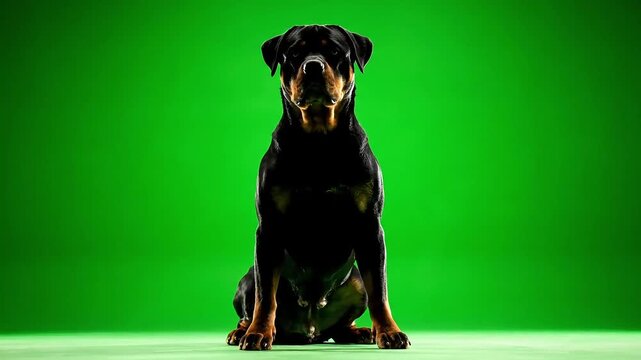Majestic rottweiler sits alertly against a vibrant green backdrop, exuding strength and loyalty.