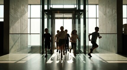 Fototapeta premium Group of children running through glass entrance of modern building, with sunlight casting long shadows on the floor and concrete walls visible in the background