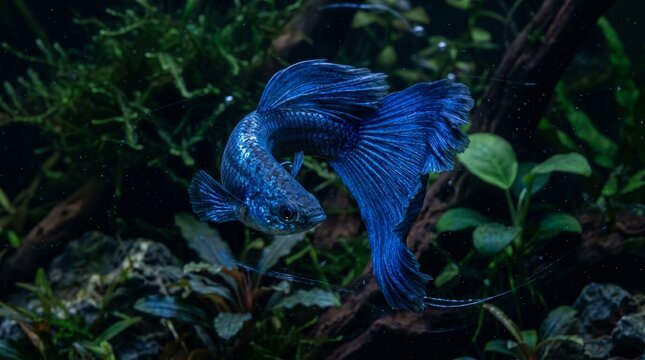 A highly-detailed photo captures a majestic metallic blue betta fish swimming gracefully, showing its shimmering scales and flowing, elegant fins