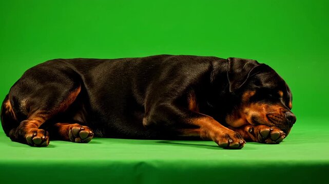 Peaceful Rottweiler dog resting on a vibrant green background, conveying a sense of calm and relaxation.