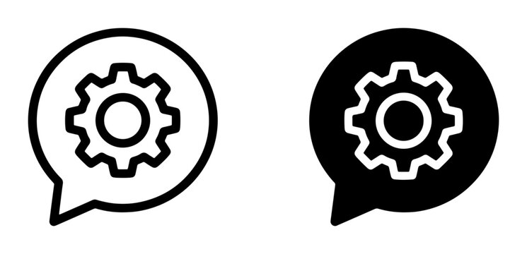 Gear in Speech Bubble Icons, Settings and Communication Symbols, Technical Support and Service Concepts, Black and White Vector Graphics