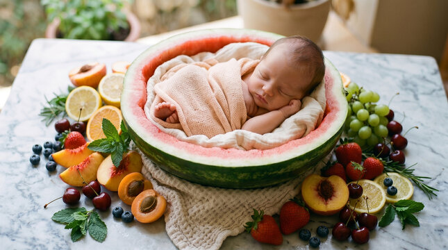 Newborn baby sleeping in watermelon surrounded by fresh fruits  