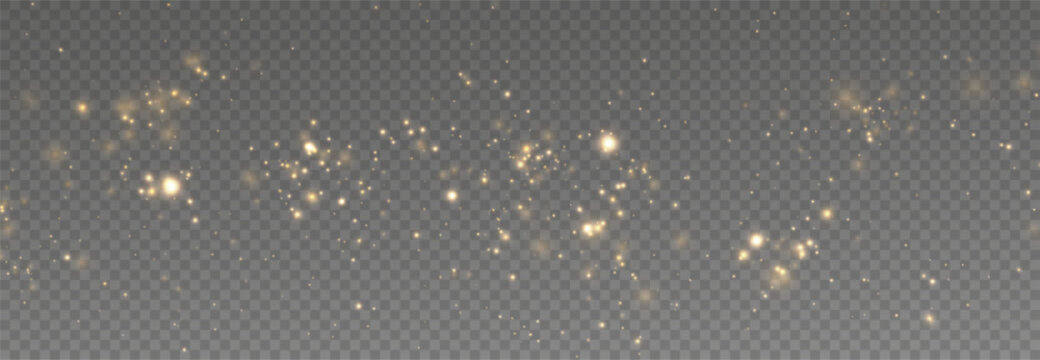 Christmas glowing light effect with sparkling magic dust particles. Golden glitter stars shine with festive radiant light on transparent background.