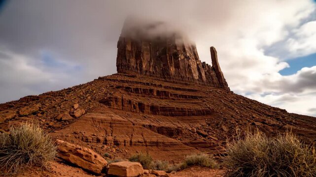 Mesa rock formation with mist while clouds pass overhead in a desert landscape during daytime