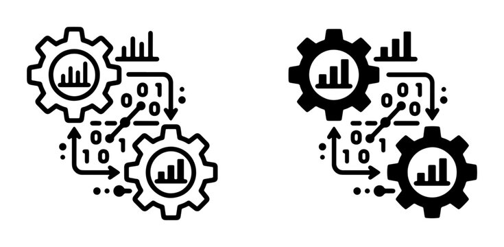 Data Processing Workflow Icons, Gear Analytics System, Binary Code Flow, Business Intelligence Process