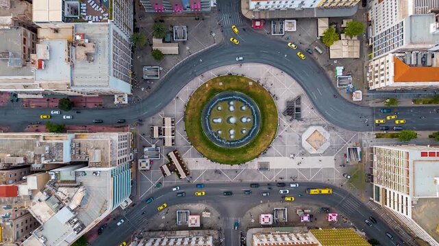 Overhead time lapse view of the Omonia Square in the city centre of Athens, Greece, with street and pedestrian traffic