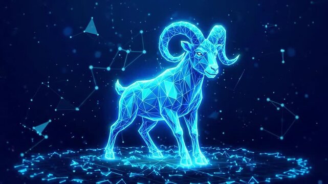 Futuristic blue polygonal ram glowing with neon light on dark background. Innovative animal representation in low poly style for new year celebrations
