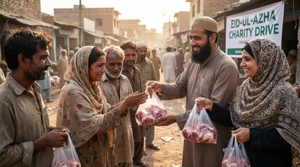 Obraz premium Muslim family distributing meat during religious celebration in urban neighborhood