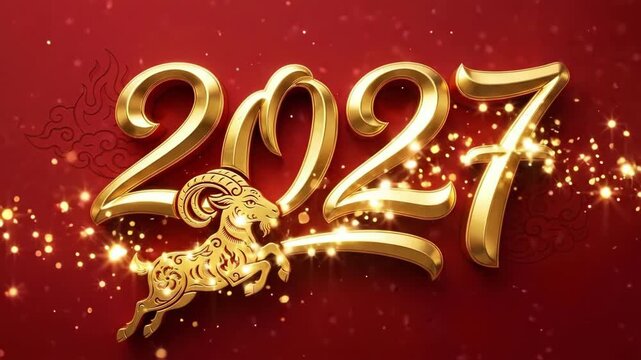 Golden 2027 numerals with fiery ram leaping on red background. Chinese zodiac symbol for year of the goat. Lunar new year illustration celebrating fire element and prosperity