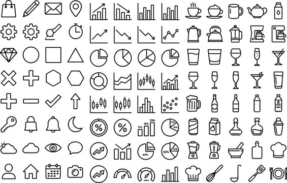 Business Analytics Infographic Charts and Restaurant Cafe Kitchen Line Icon Mega Pack with Web UI Elements for Application Design Projects