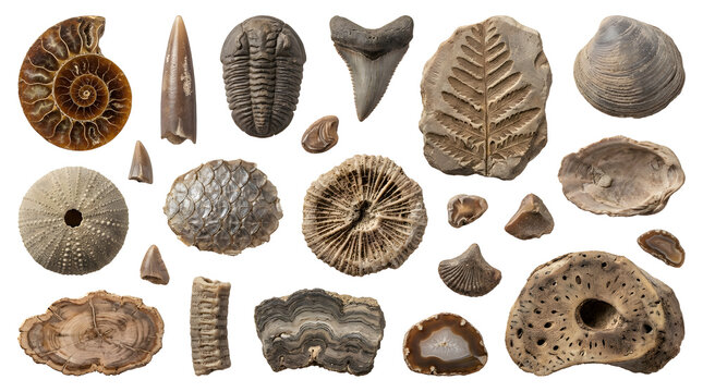Collection of prehistoric fossils and shells with shark tooth, sea urchin