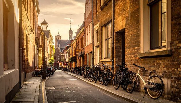 Bicycles are parked along a narrow street lined with old brick buildings and lamp posts leading to a distant church tower at sunset.