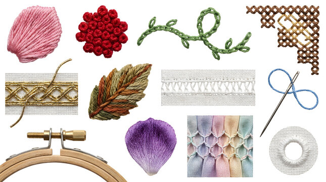 Collection of colorful embroidery art supplies and needlework elements