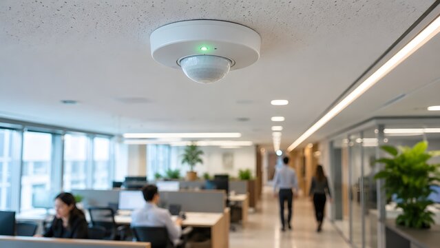 Close up of a white ceiling mounted smoke detector sensor with a green light in a modern open plan corporate office. Blurred employees working at desks in the background. Workplace safety and security