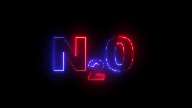 Glowing neon Nitrous Oxide gas animation on a black background. representing the nitrous oxide molecule in a dramatic and mysterious style. 4k