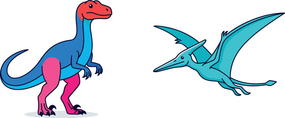 Cute Cartoon Dinosaur and Pterodactyl Flying Reptile Vector Character Illustration Set for Children Education, Creative School Projects, and Prehistoric Graphics © RAJU