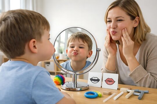Speech therapist guiding child articulation practice with mirror feedback activity