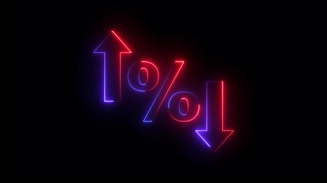 glowing neon Percentage growth and decline icon with up and down arrows. financial, business, and statistical analysis. Up and down percentage arrows icon.