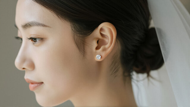 Close-Up Profile of Beautiful Young Asian Woman Wearing Diamond Stud Earring and Bridal Veil