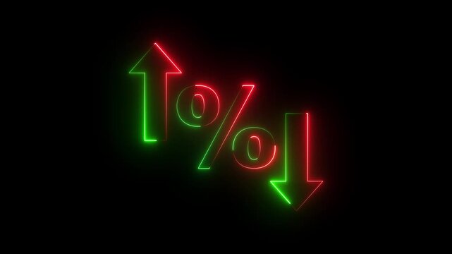 glowing neon Percentage growth and decline icon with up and down arrows. financial, business, and statistical analysis. Up and down percentage arrows icon.