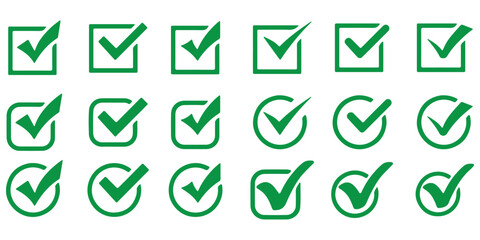 Checkmark icon set. Containing check, accept, agree, selected, confirm, approve, correct, complete, checklist, and verified icons. Solid icon collection. © Hikestudio3