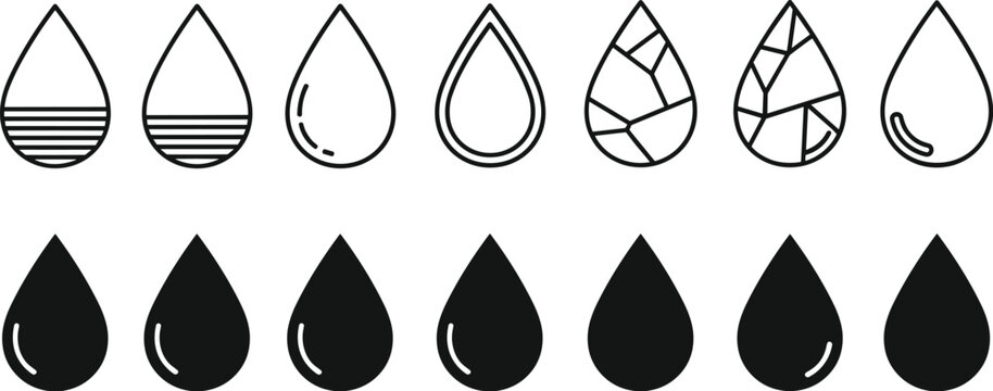 Water droplet icon collection, hydration purity symbol artwork design, environment motif concept, eco theme style, flat vector illustration