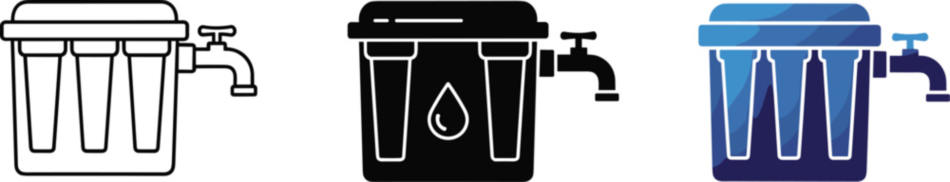 Water filter icon collection, purification system symbol artwork design, clean drinking motif concept, utility theme style, flat vector illustration