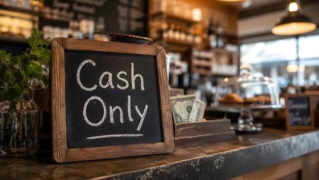 Cash Only chalkboard sign resting on a rustic wooden counter in a cozy coffee shop. US dollar bills sit in a wooden tip box next to a blurred pastry display and green plant. Small business payments.